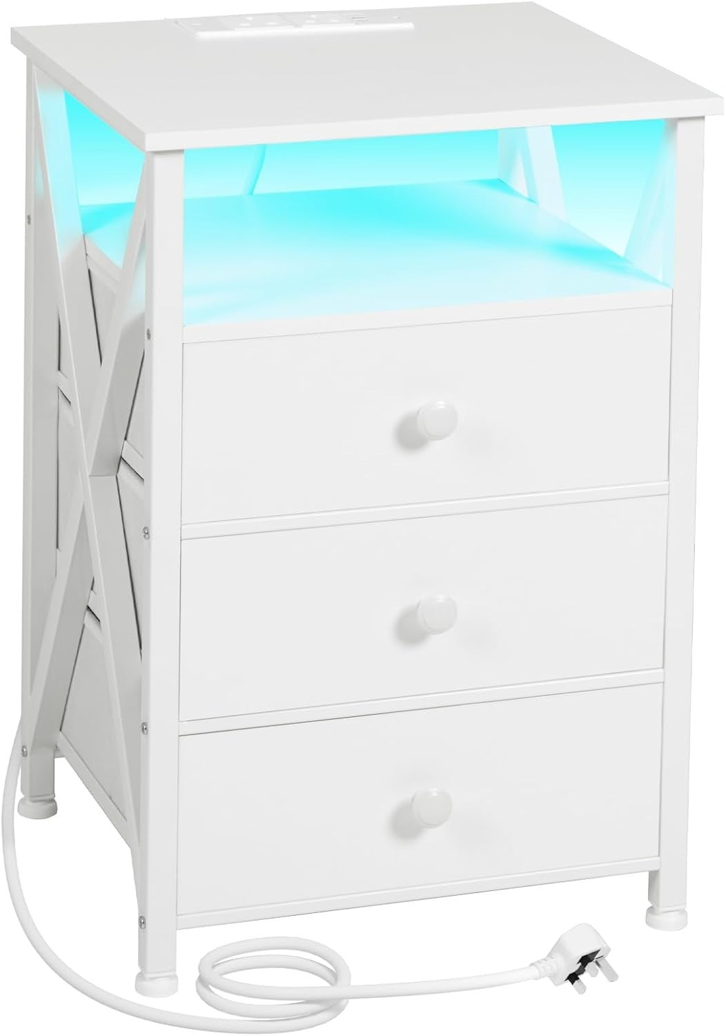 White LED Bedside Table with Charging Station | 3 Drawer Nightstand