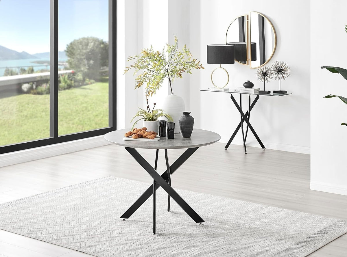 Round Concrete Dining Table 100cm Black Legs Modern Compact 2–4 Seater