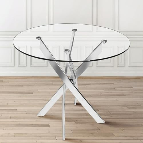 90cm Round Glass Dining Table with Chrome Legs Modern Small Kitchen Dining Table