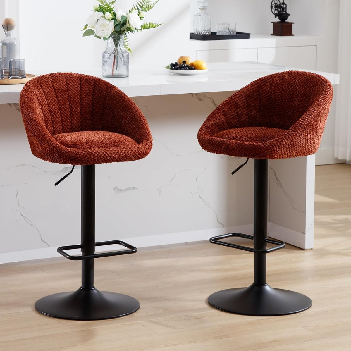 Set of 2 Brown Chenille Bar Stools Adjustable Swivel Counter Chairs