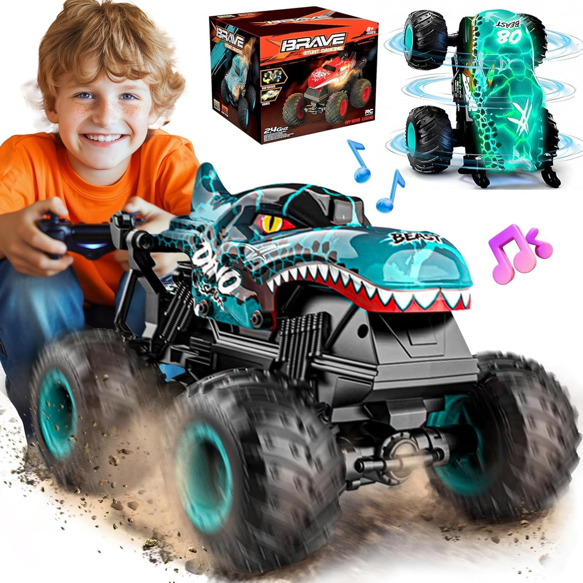 RC Monster Truck for Kids 3–8 – 360° Spin, LED Lights & Music, Off-Road Toy