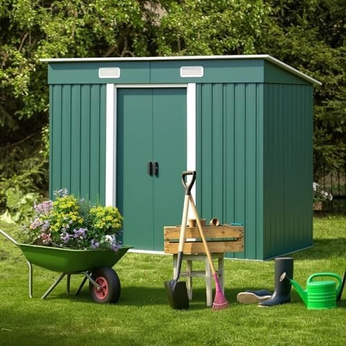 8x4FT Metal Garden Shed Lockable Tool Storage House Green