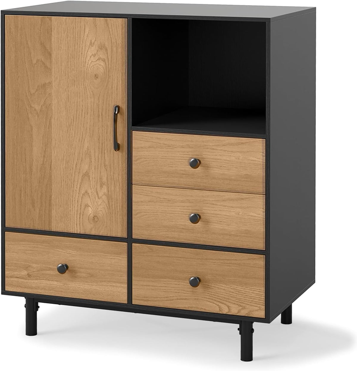 Modern 4 Drawer Sideboard Cabinet with Open Shelf & Anti-Tip Safety Black