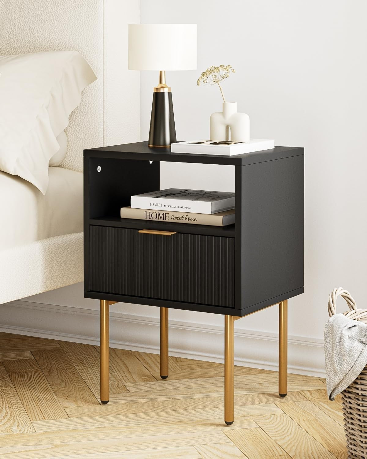 Modern Black Bedside Table with Gold Legs | 1 Drawer Nightstand with Shelf