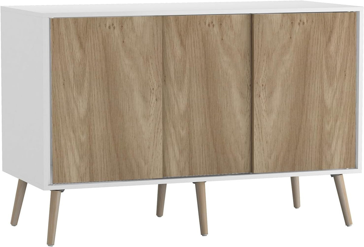 Oak Sideboard Storage Cabinet White Frame Sliding Doors Beech Legs 120cm