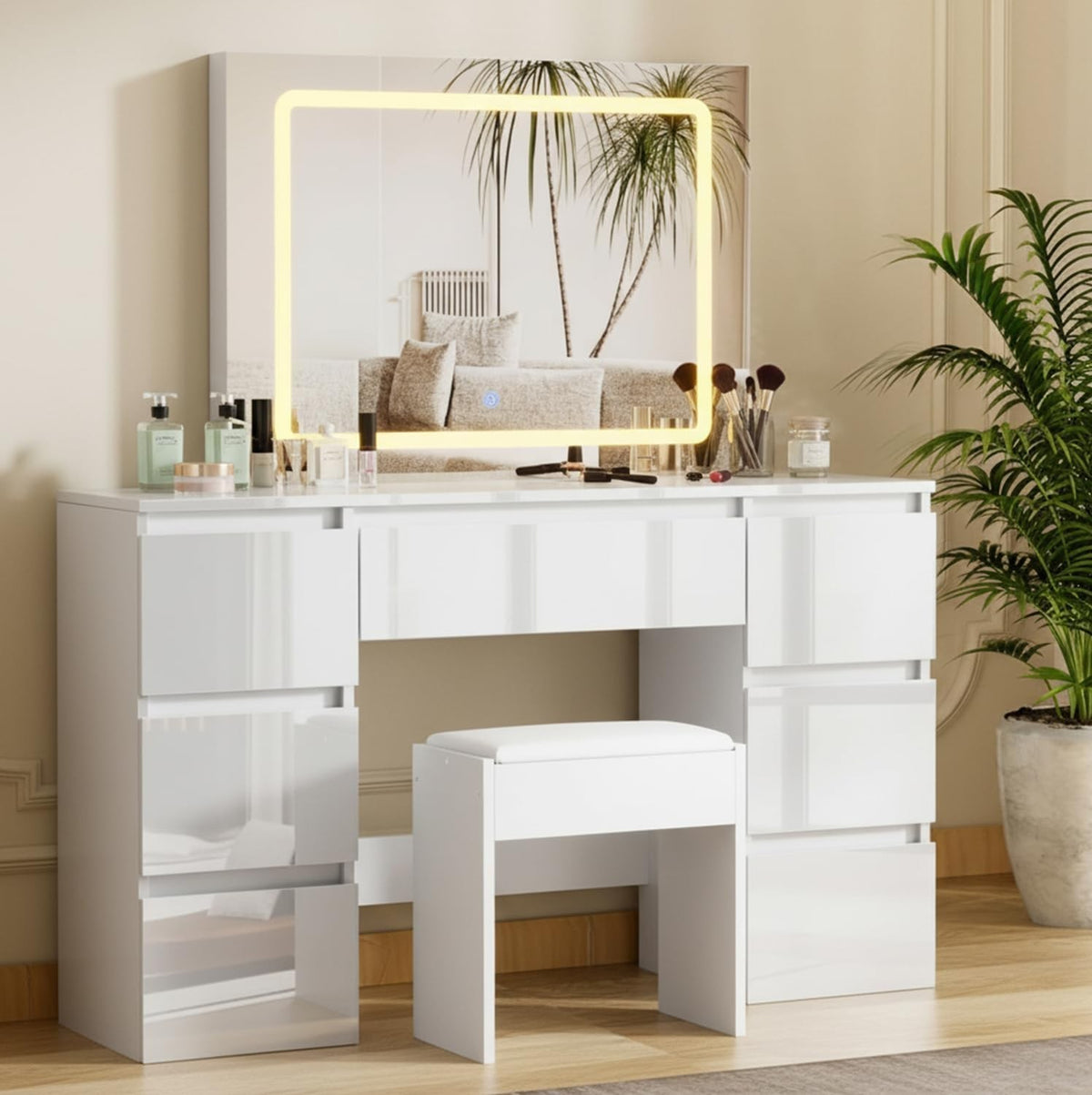 Modern White Gloss Dressing Table Vanity Desk LED Mirror Set 7 Drawers Stool