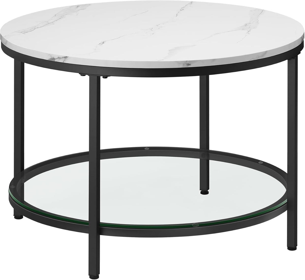 Modern Round Coffee Table with Faux Marble Top & Tempered Glass Shelf