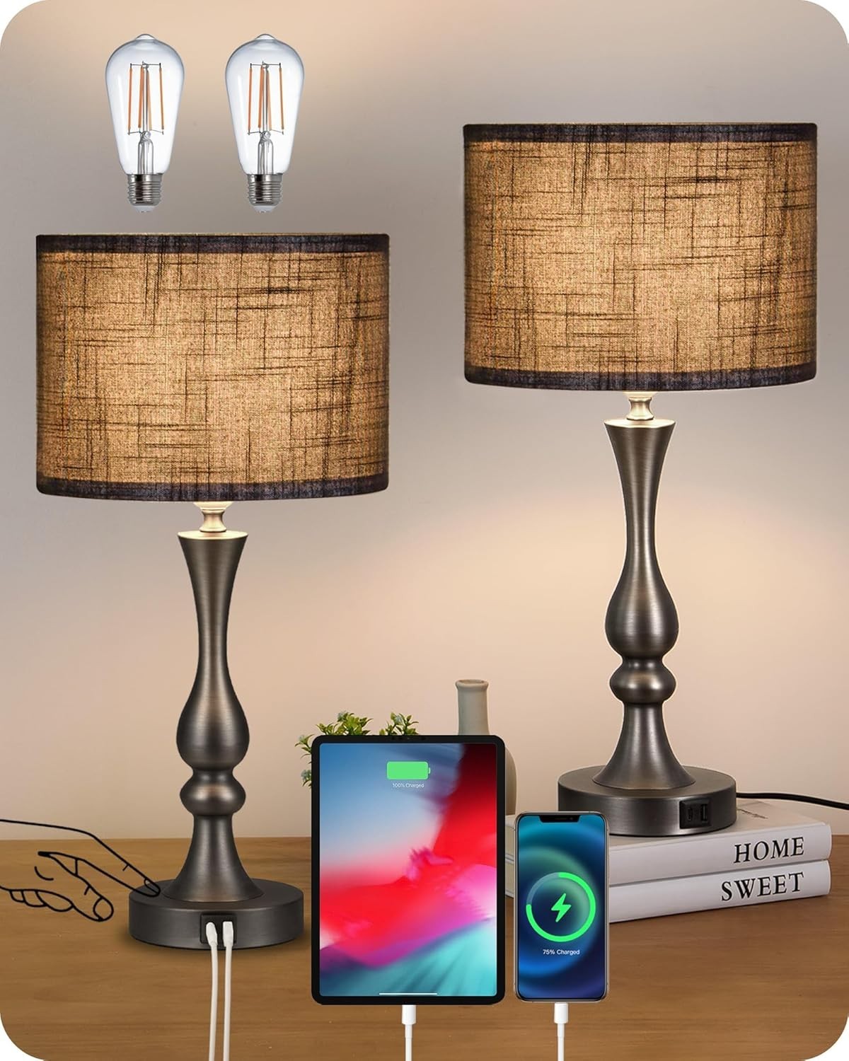 Dimmable Touch Table Lamps Set of 2 USB Charging Black Linen Shade