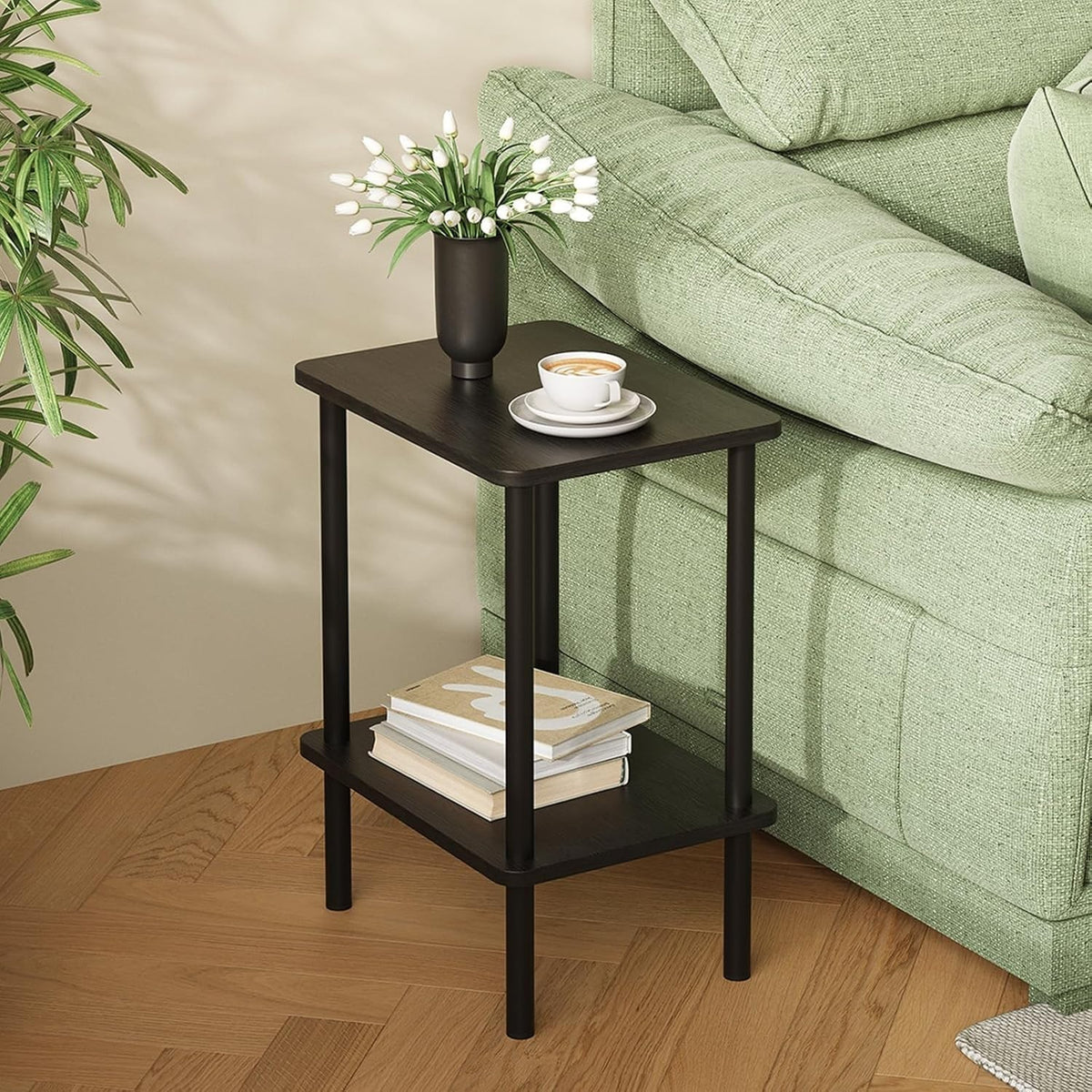 Compact 2-Tier Wooden Side Table, Narrow Bedside Storage, Black Finish