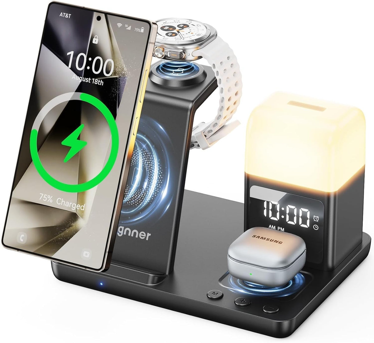 Wireless Charging Station Alarm Clock LED Night Light Charge Bedside