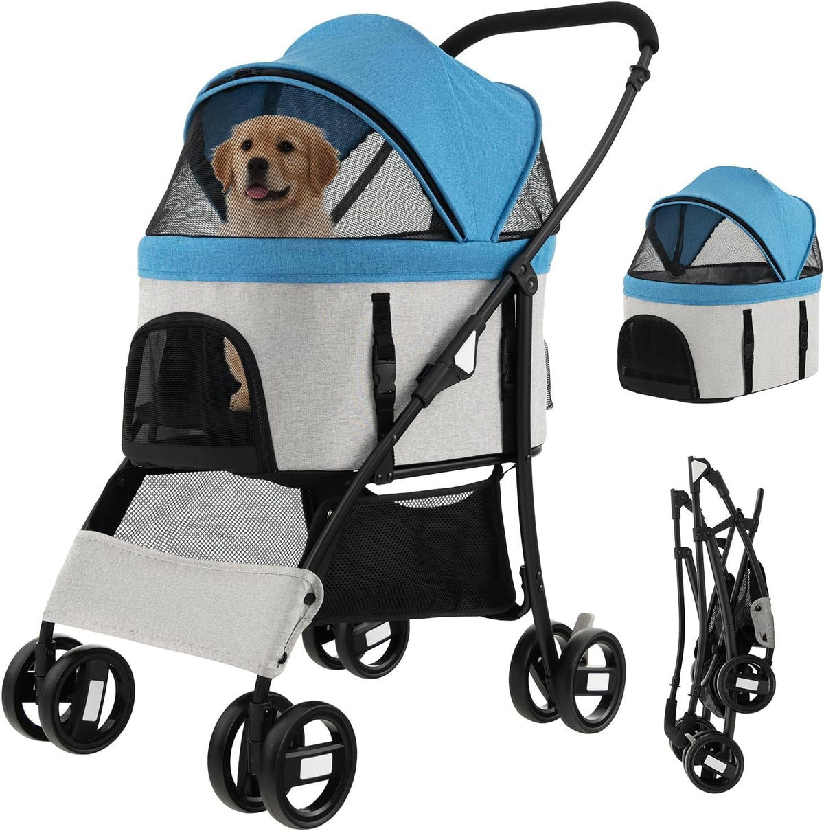 3 in 1 Pet Stroller Folding Dog Pushchair Detachable Carrier 4 Wheel
