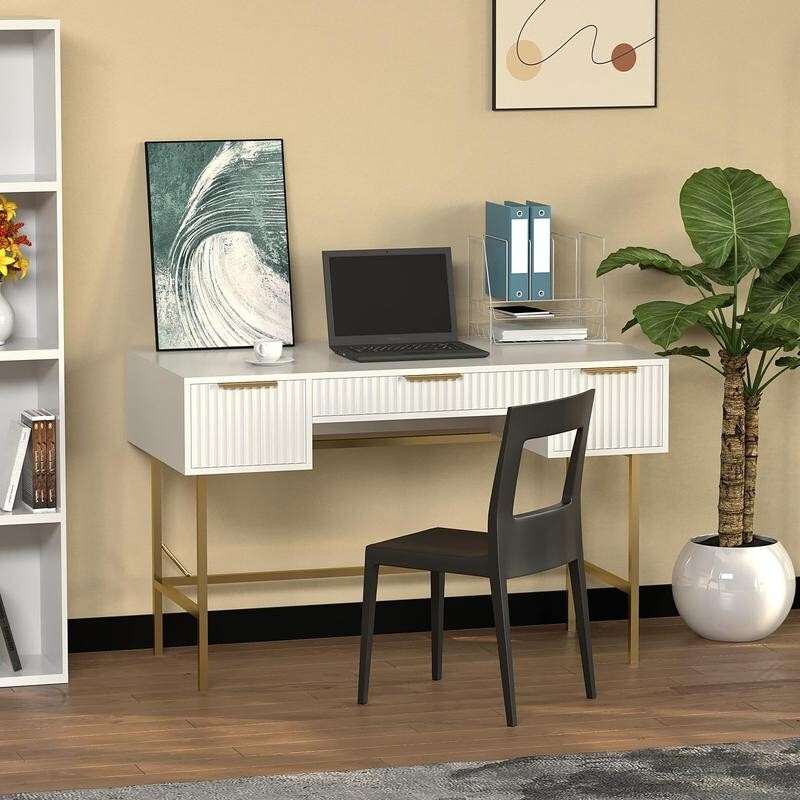 Modern White Console Table Desk with 3 Drawers & Gold Legs
