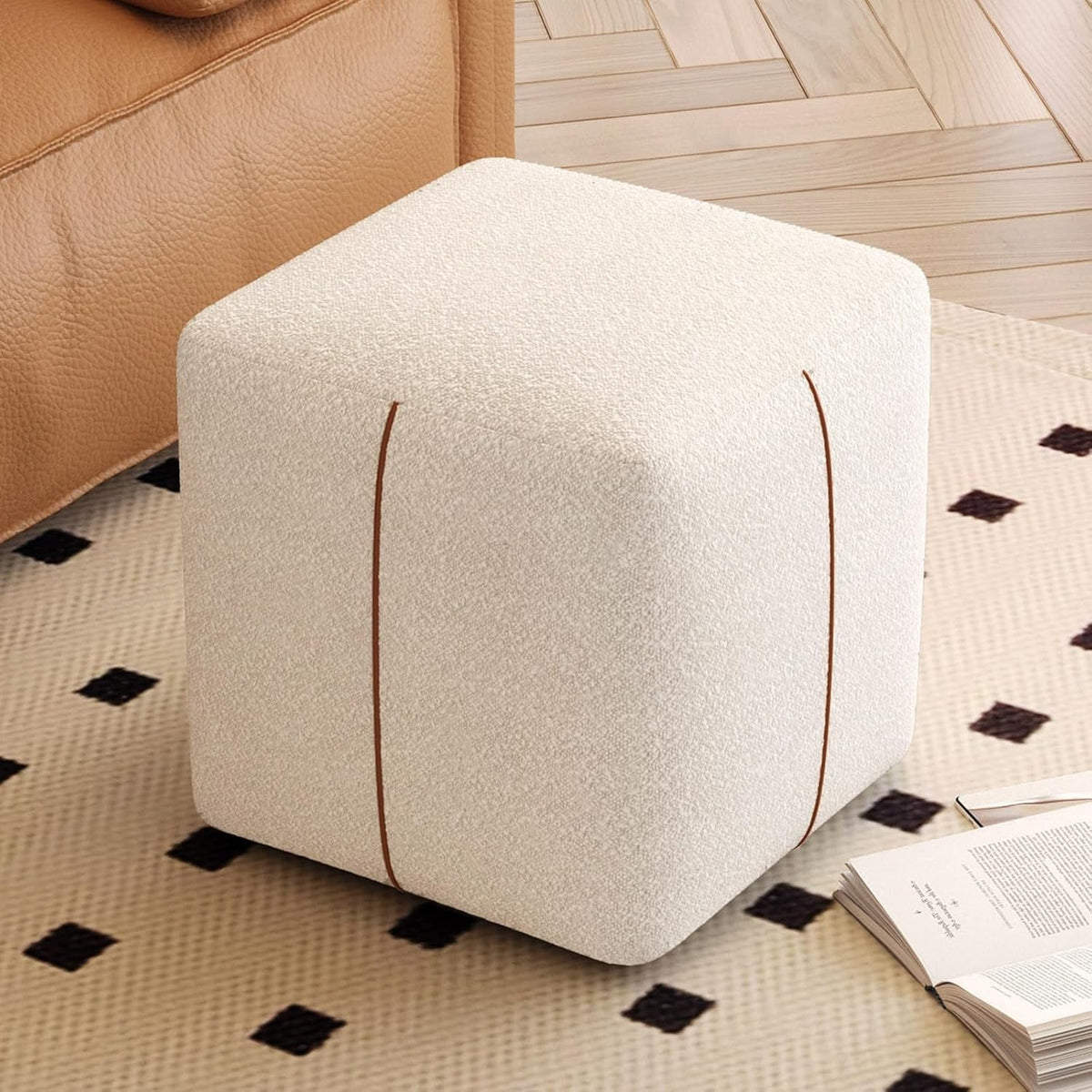 Beige Square Vanity Stool – Soft Fabric Ottoman Seat for Bedroom & Living Room
