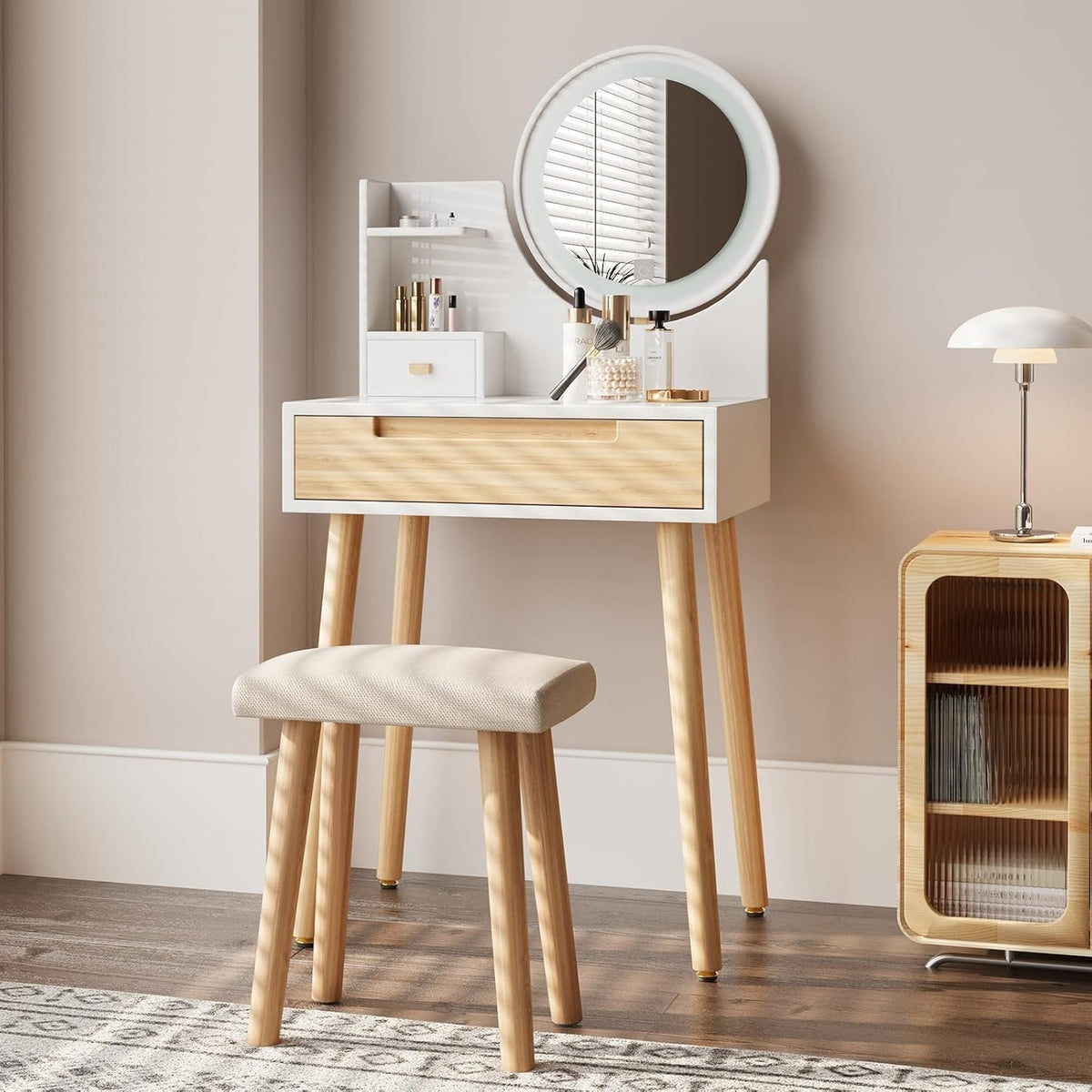 Small Space Vanity Desk Dressing Table Mirror 3-Light Modes Drawer Stool Wood