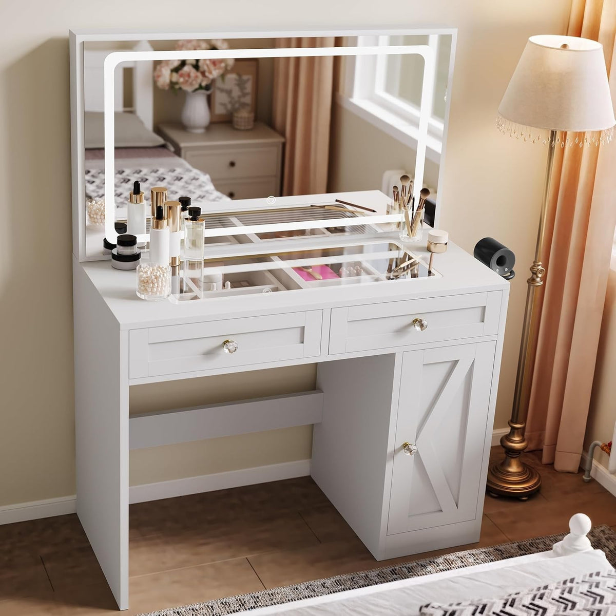 Dressing Table Vanity Set Mirror Lights Desk 2 Drawers Charging Hub S