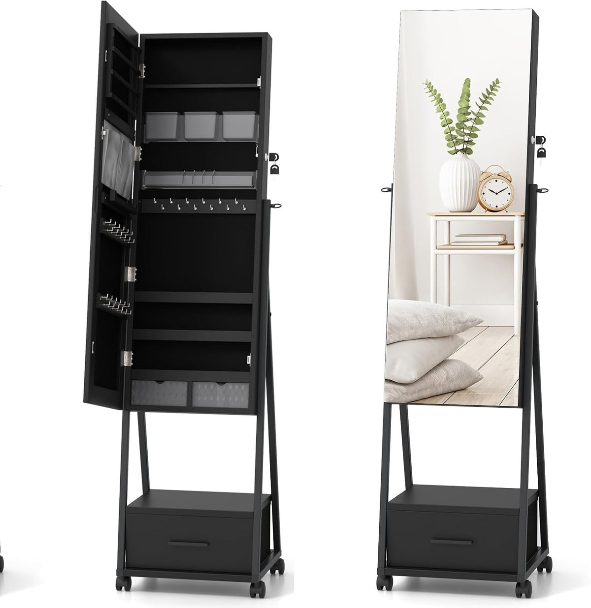 Mobile Jewelry Cabinet with Wheels Lockable Full Length Mirror Storage