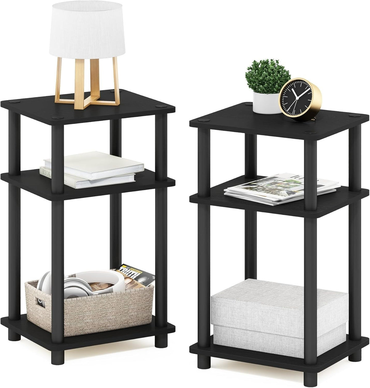 3-Tier End Table 2-Pack – 29x34x58cm Side Table Nightstand Americano/Black