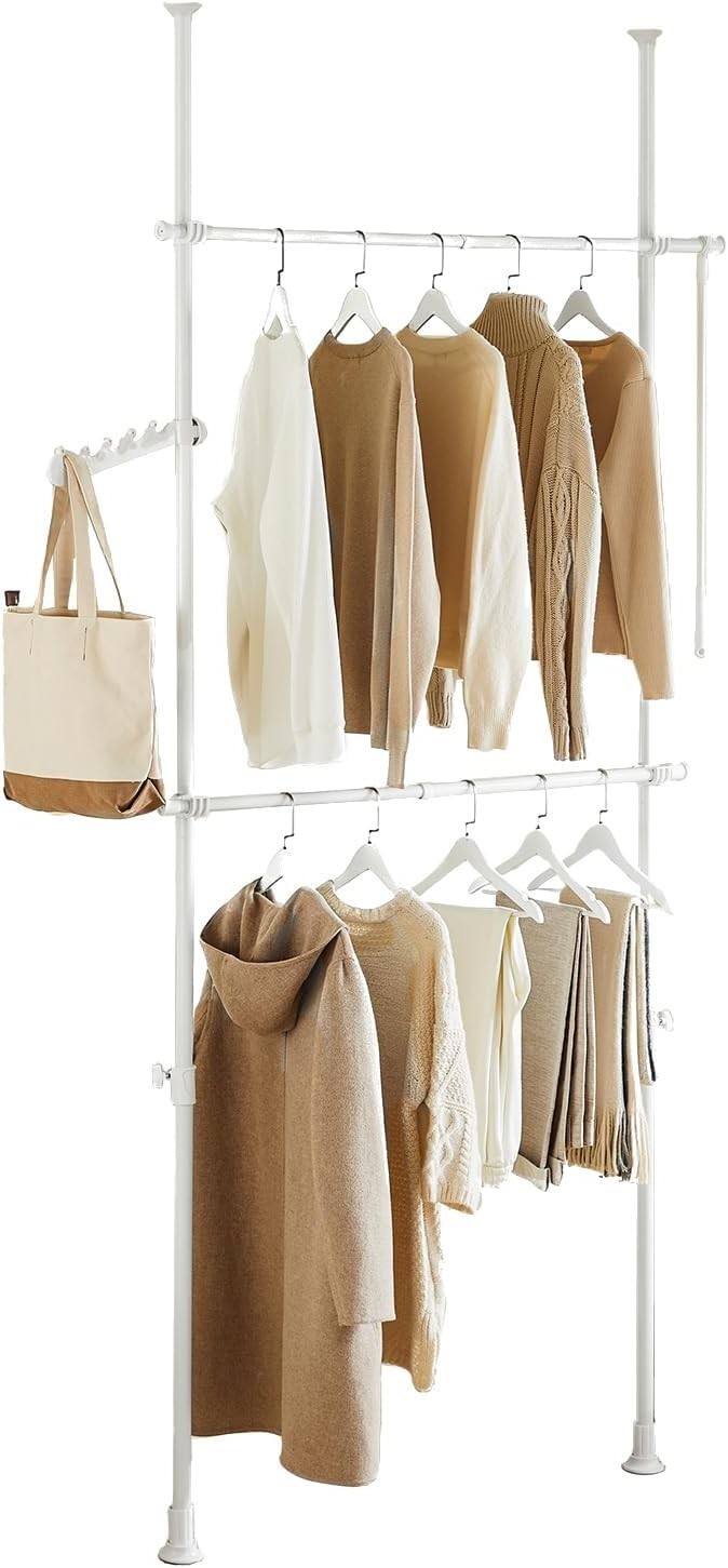 Telescopic Clothes Rail Adjustable Heavy Duty Open Wardrobe White