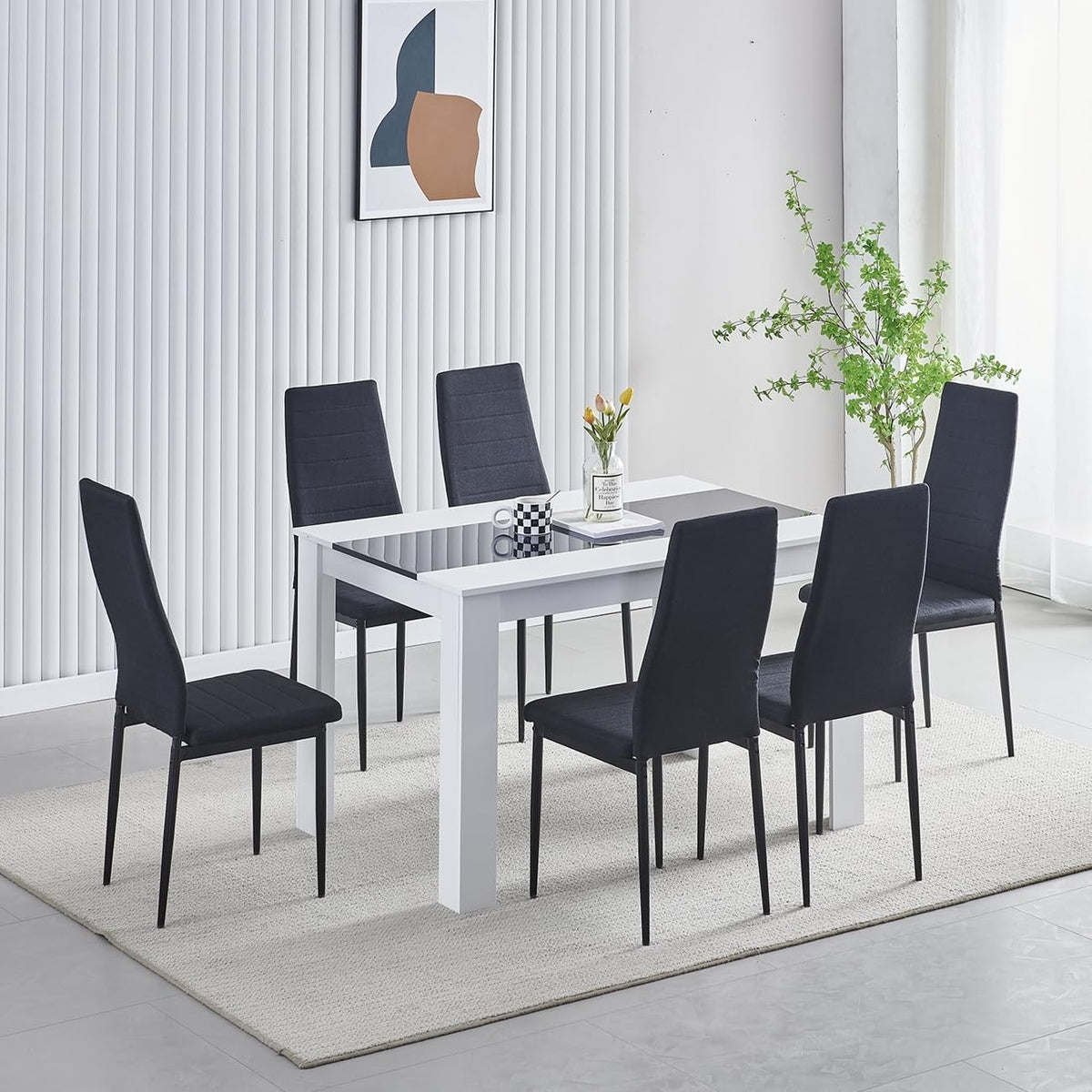 White Dining Table Set + 4 Linen Chairs | Modern 5pc Dining Set Small Space