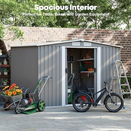 8x6FT Metal Garden Shed Lockable Tool Storage House Green/Grey