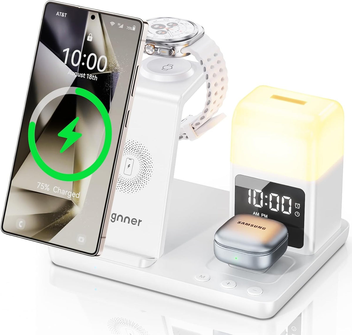 Wireless Charging Station Alarm Clock LED Night Light Fast Charge Bedside