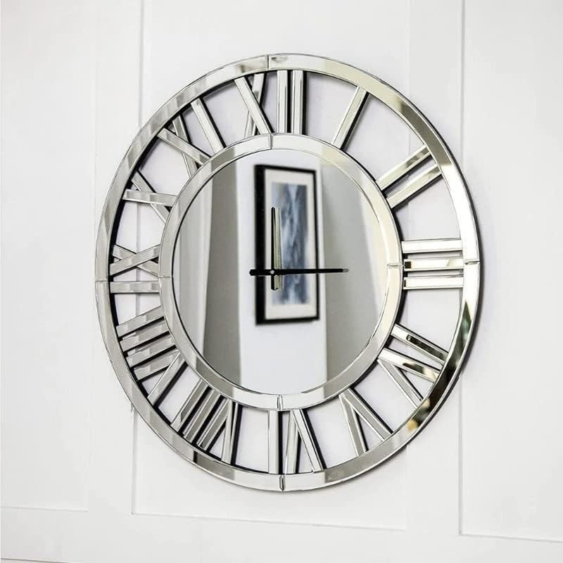 40cm Large Mirrored Wall Clock Modern Silver Roman Numeral Luxury Home Decor
