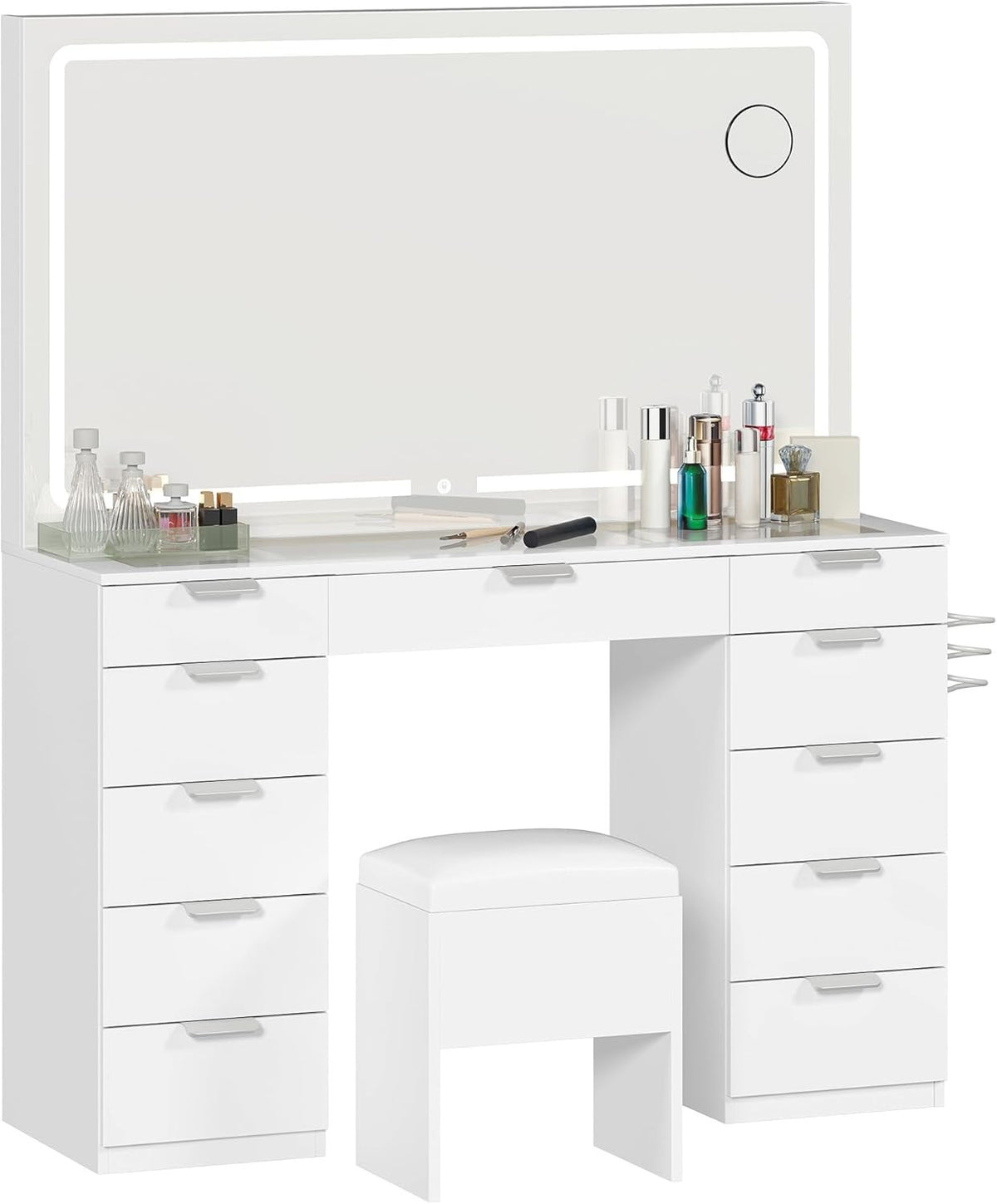 Makeup Vanity Table Glass Top 11-Drawer LED Mirror USB Charging Station White
