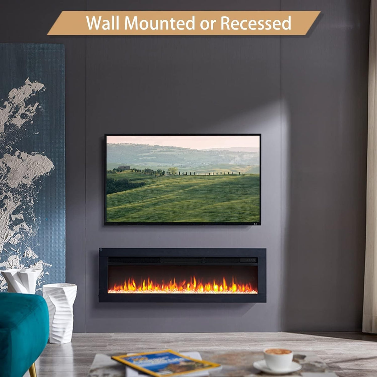 40" Wall Mounted Electric Fireplace 1800W Heater LED Flames Remote Control