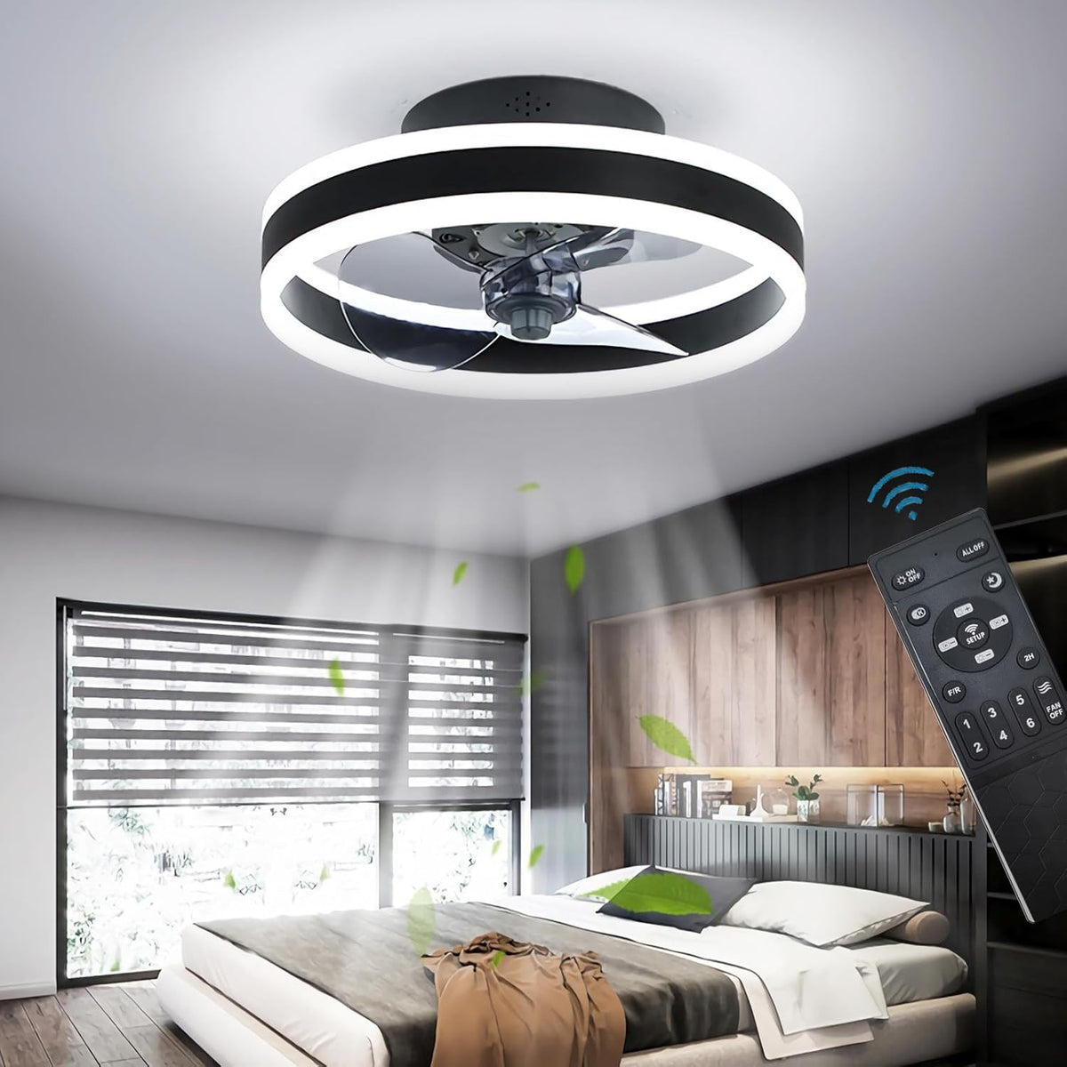 40CM LED Ceiling Fan Light, 6 Speeds, Remote & App Control, Dimmable, Black