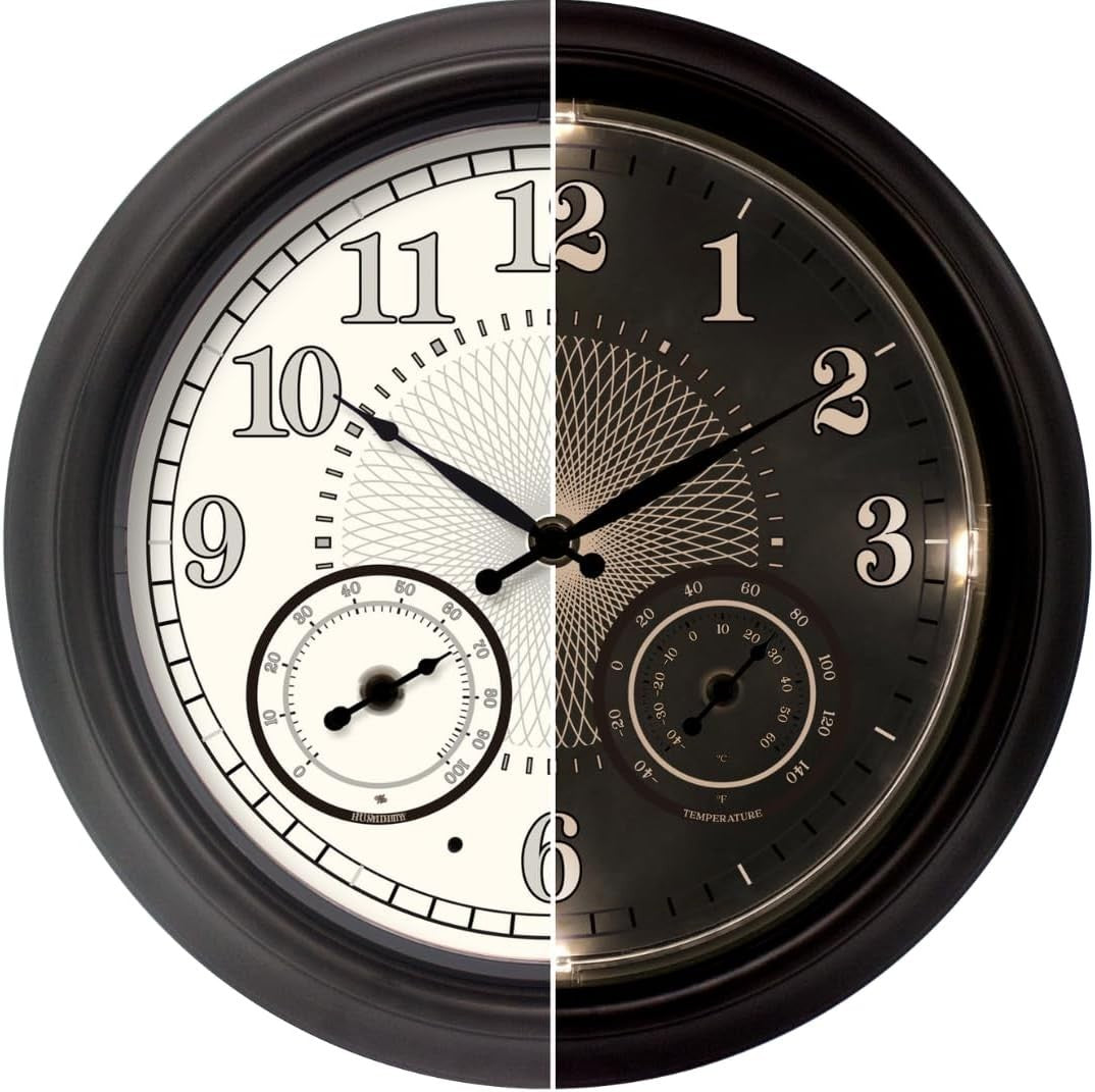 18" Outdoor Wall Clock LED Light Temp Humidity Sensor Waterproof Garden