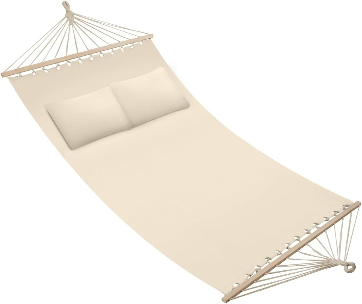 Beige Double Outdoor Hammock for 2 with Plush Pillows, Soft Cotton, 240kg Load