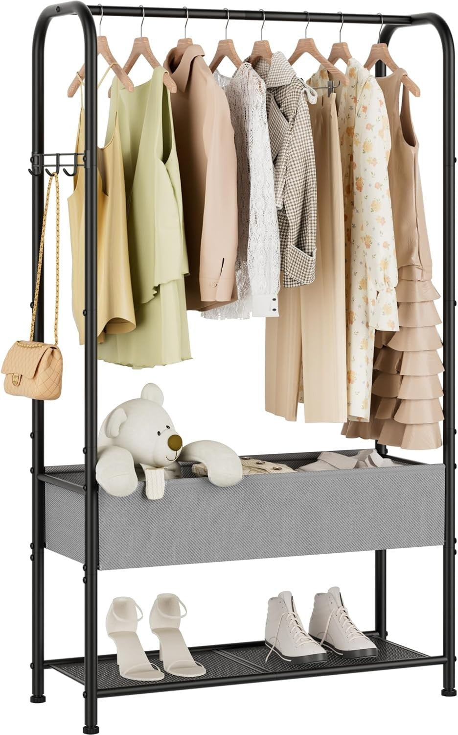 Tall Clothes Rail Black Metal Rack with Wheels, 183cm Height, Bottom Shelf