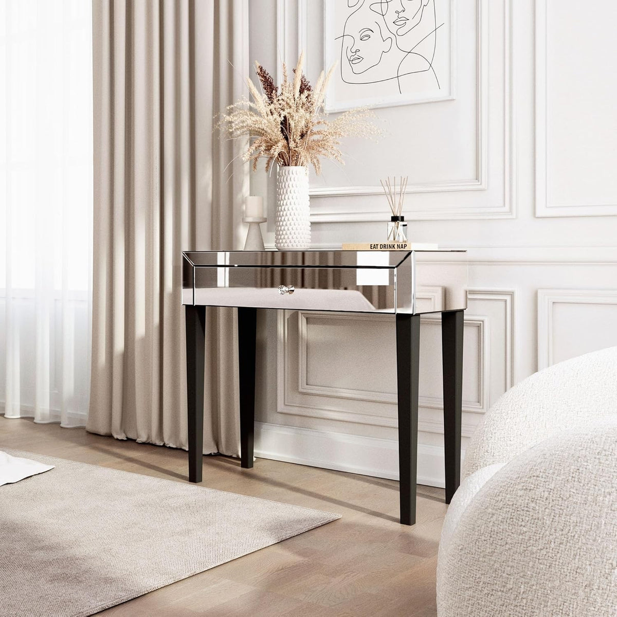 Mirrored Dressing Table Silver Glass Modern 1 Drawer Makeup Console Vanity Desk