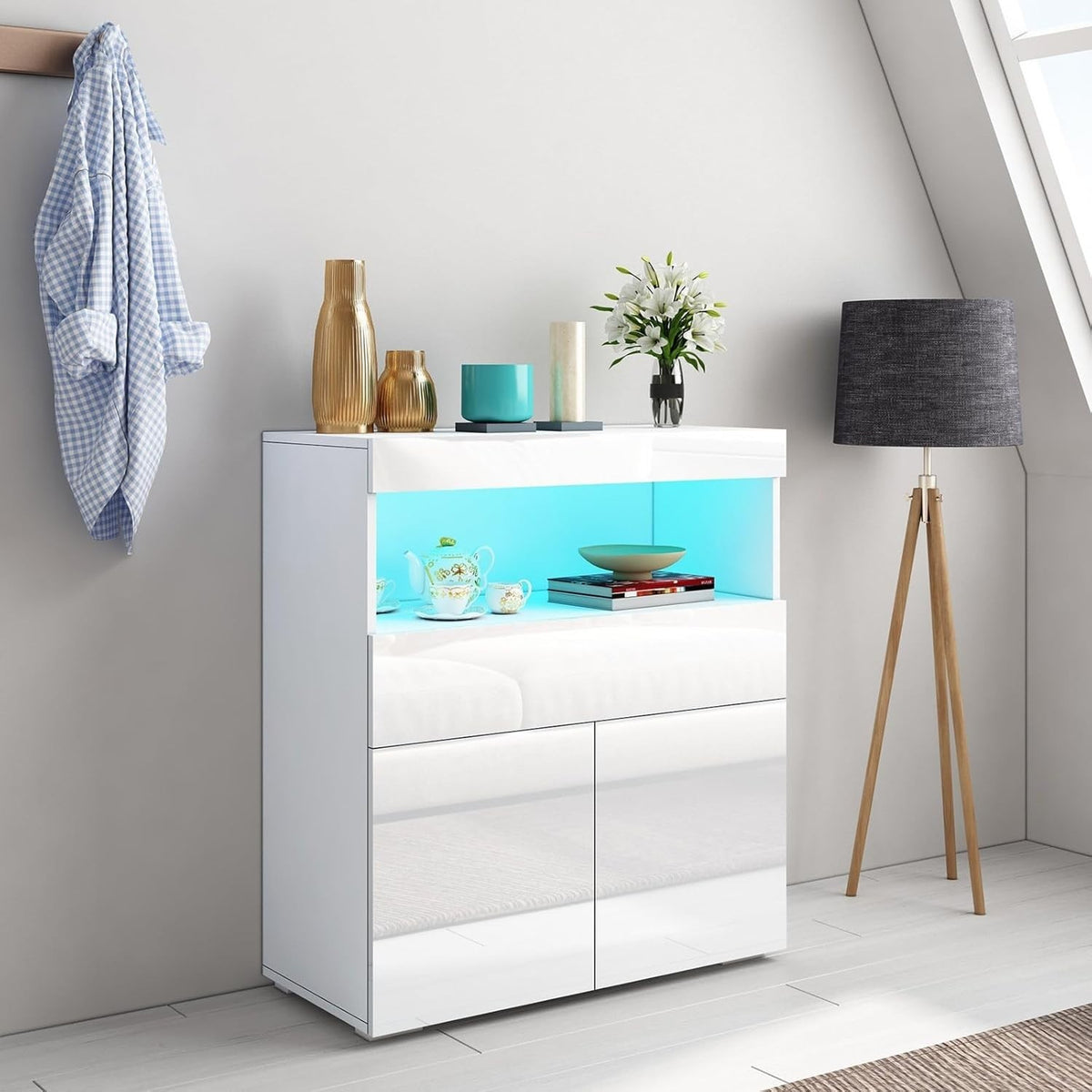 LED Sideboard Cabinet High Gloss Storage Unit 2 Doors 1 Drawer White