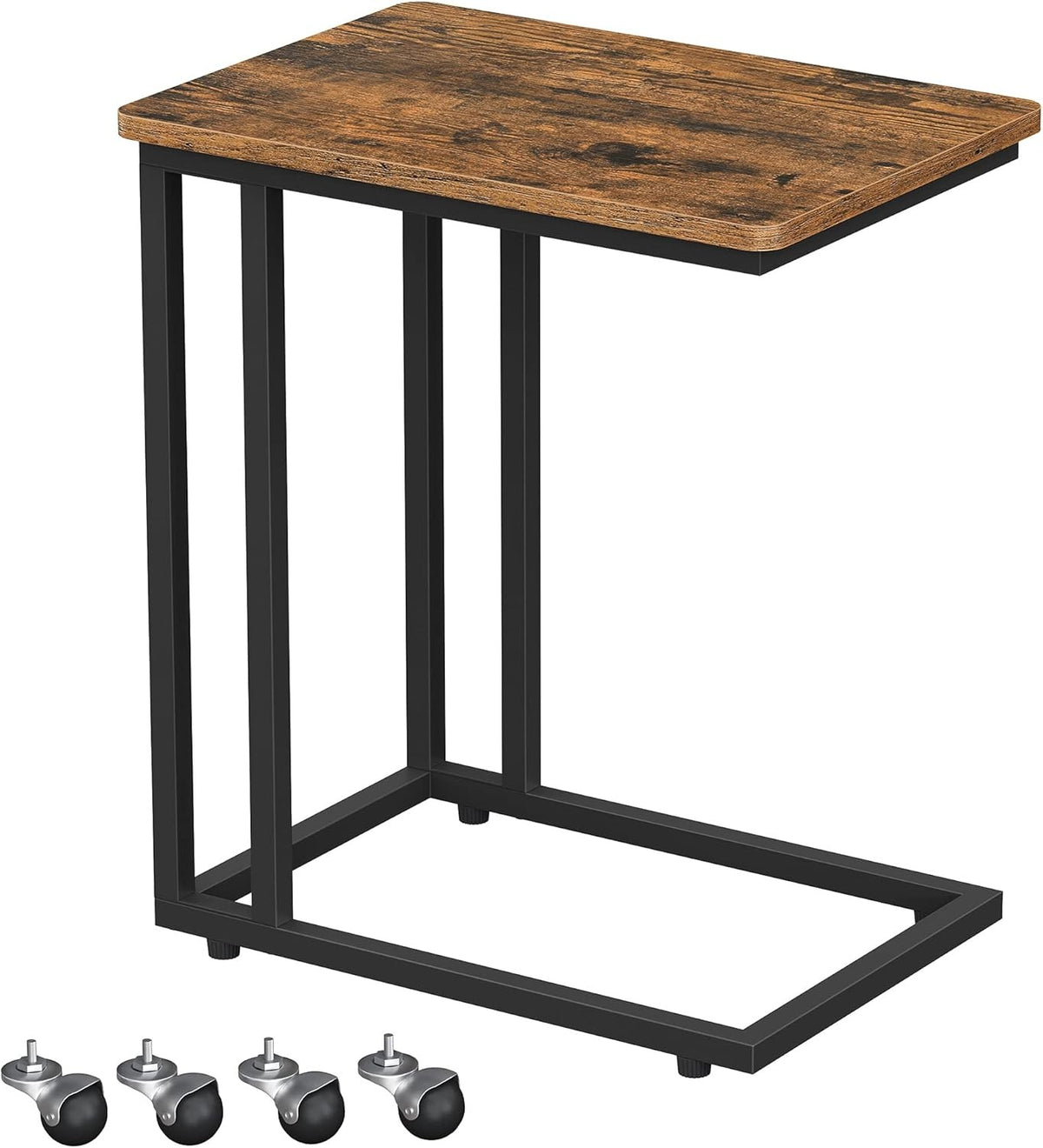 Industrial C Side Table with Wheels, Rustic Wood Top, Sofa Laptop Stand