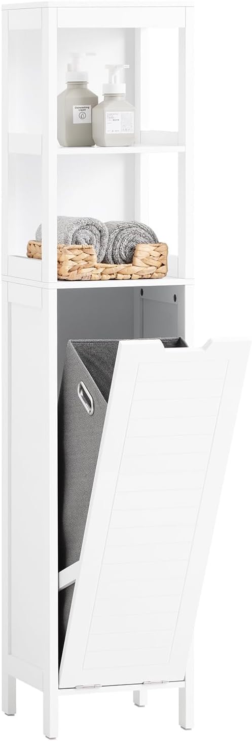 Slim Bathroom Storage Cabinet Laundry Basket Tall Shelf Unit White