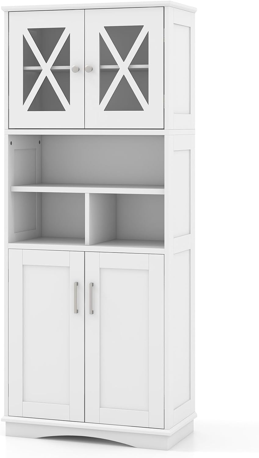 White Tallboy Bathroom Cabinet 4 Door Shelf Storage Unit