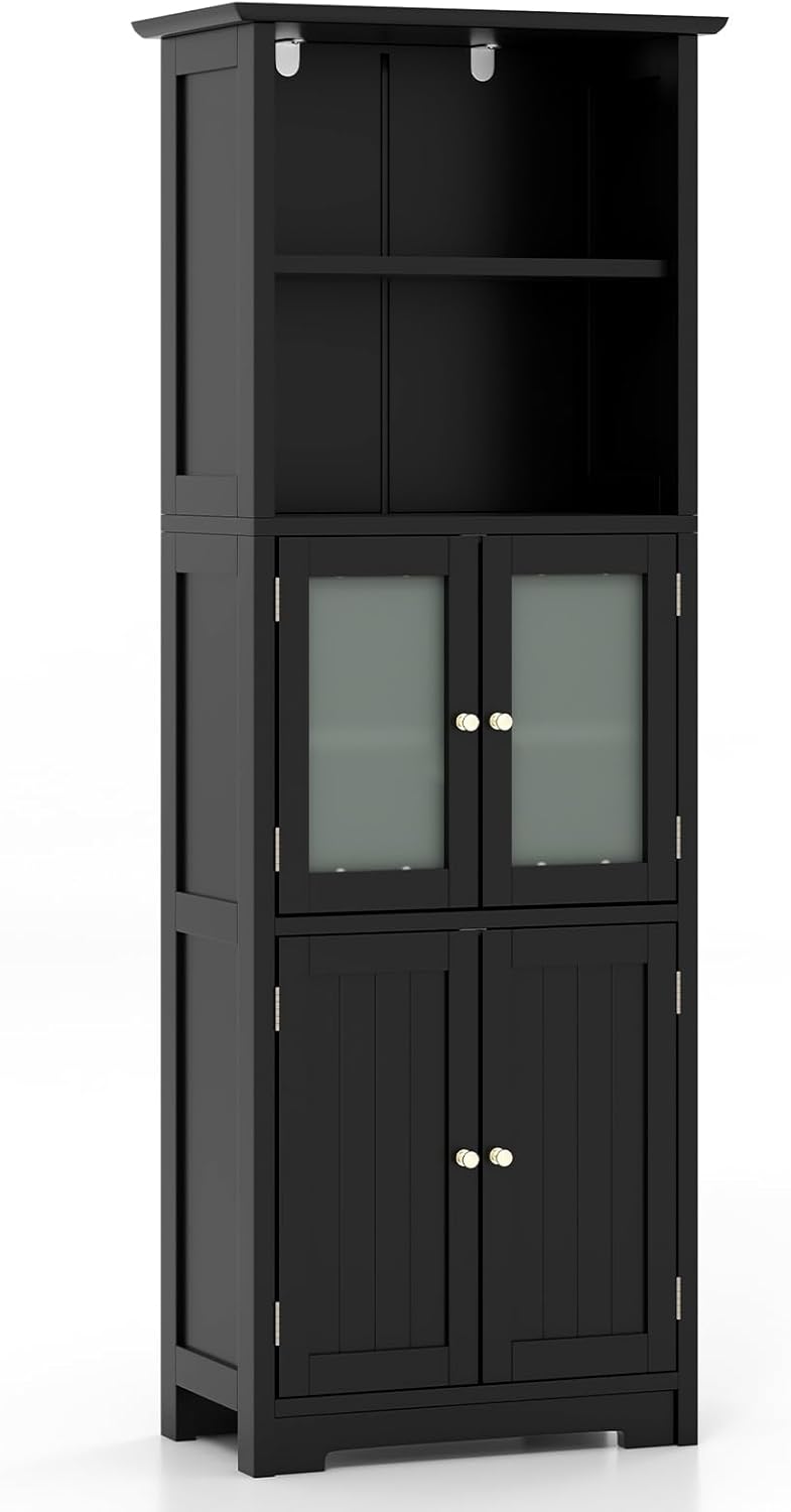 Tall Storage Cabinet Glass Door 6 Tier Shelf Unit Black