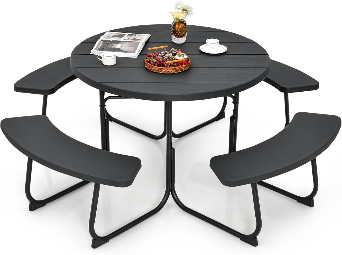 8 Seater Round Picnic Table Bench Set Outdoor Patio w/Parasol Hole Black