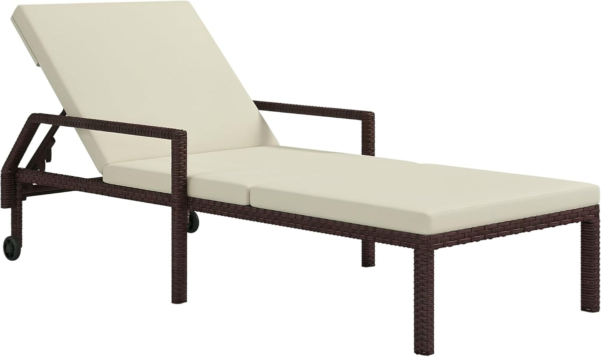 PE Rattan Sun Lounger Recliner 5 Position Wheels Cream White