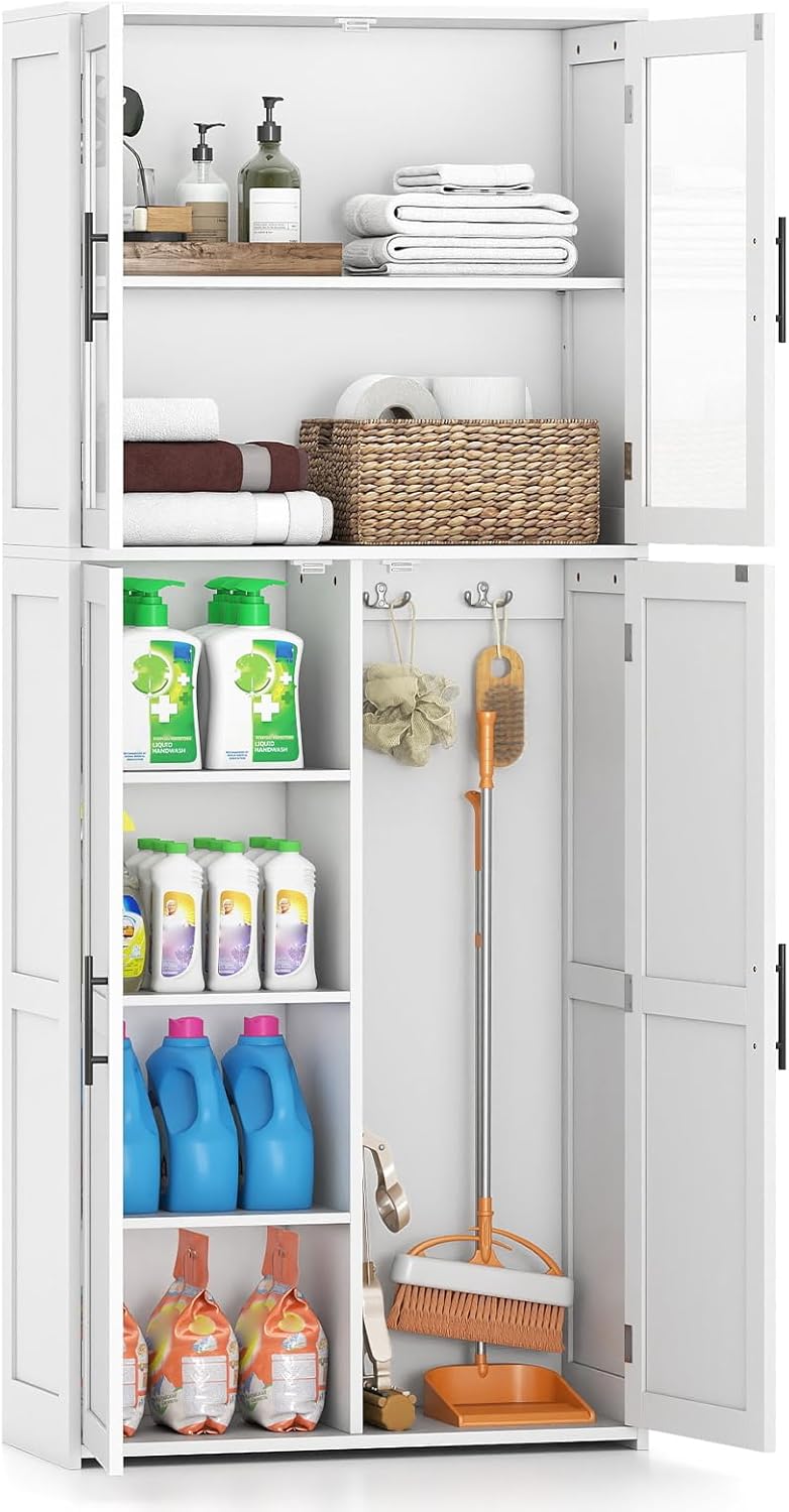 Tall Storage Cabinet White Adjustable Shelves Hook Unit