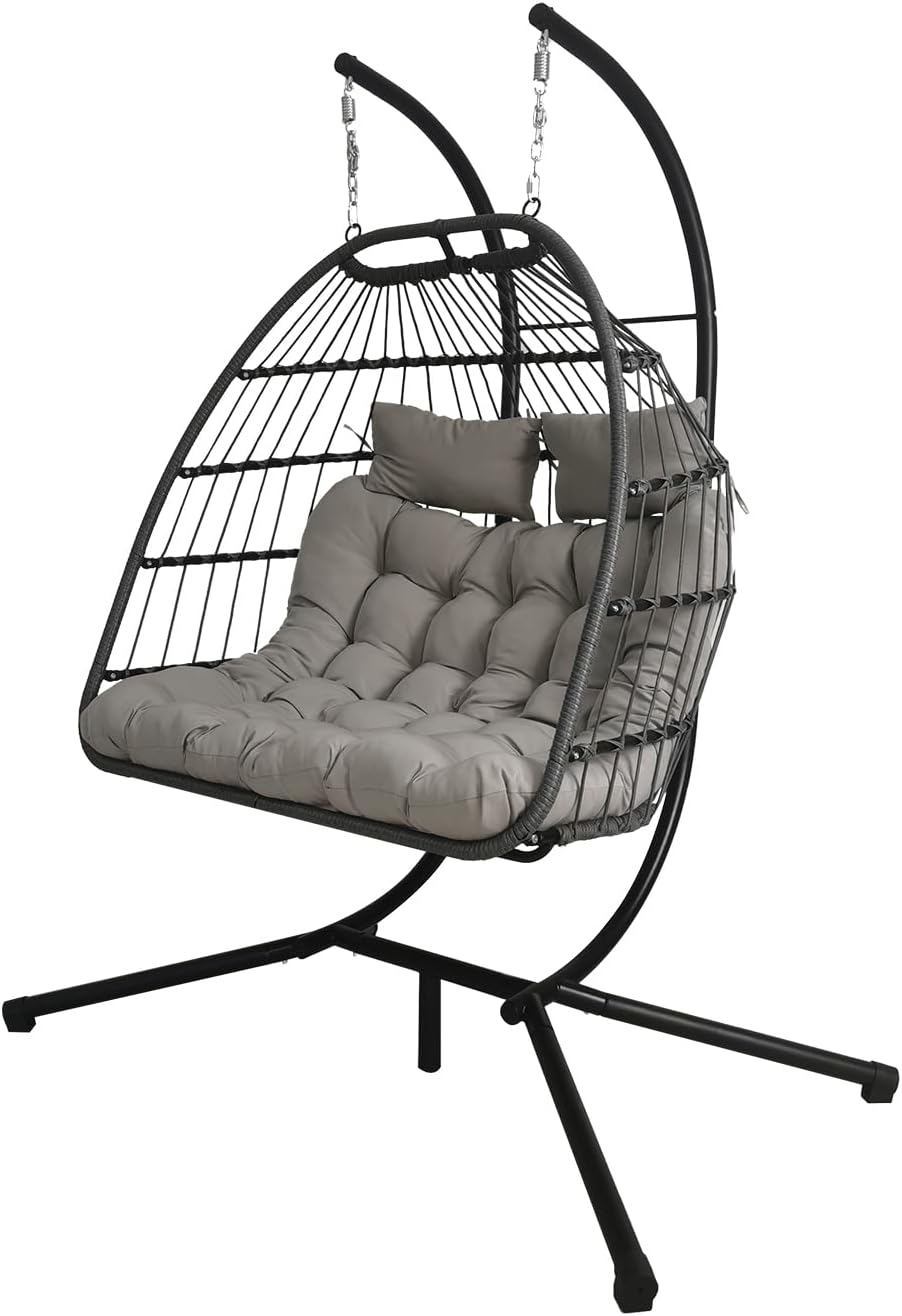 Double Egg Chair Swing Light Grey Rattan Stand Cushions