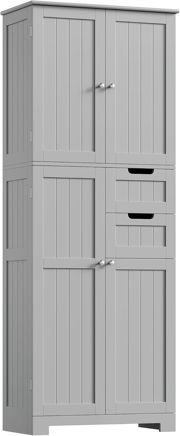 Tall Bathroom Storage Cabinet 2 Drawers Adjustable Shelves Grey