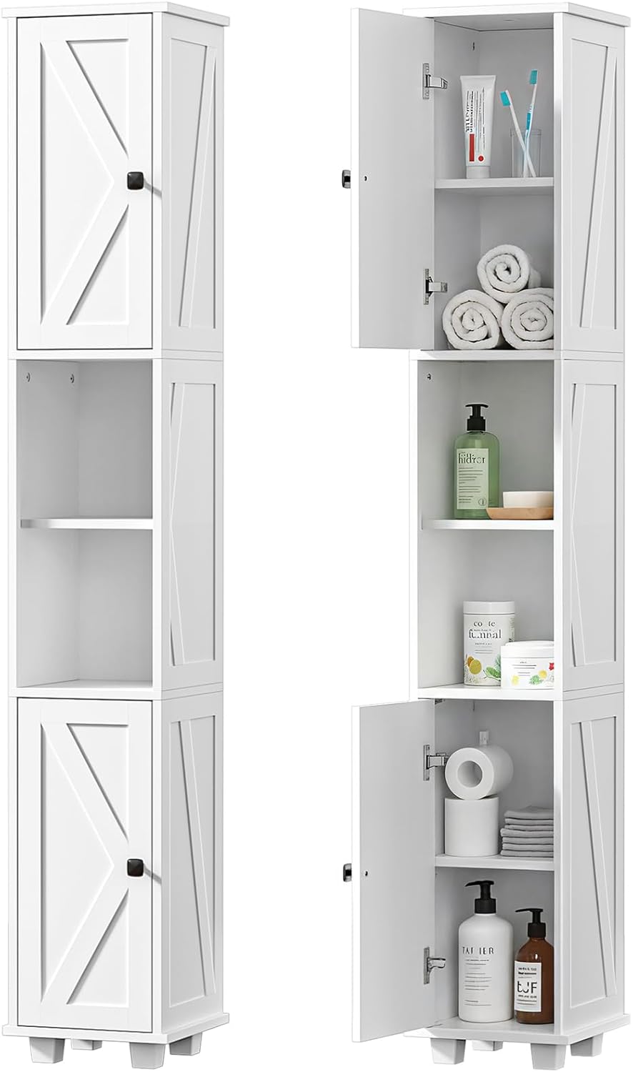 Slim Tall Storage Cabinet 6 Shelf 2 Door Unit White