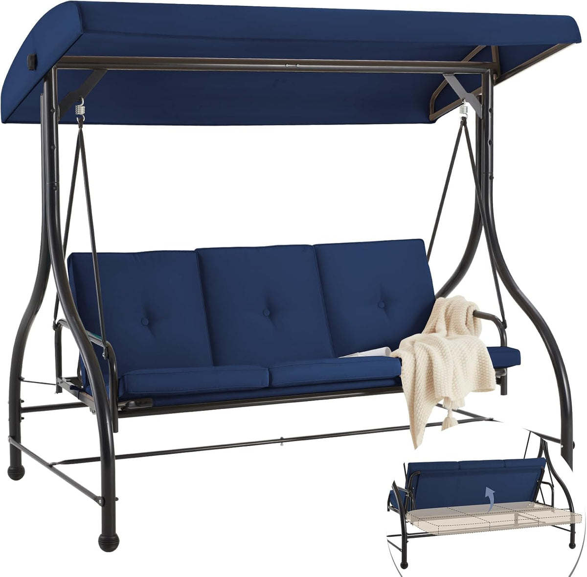 3 Seater Garden Swing Bed Blue Canopy Cushion Steel