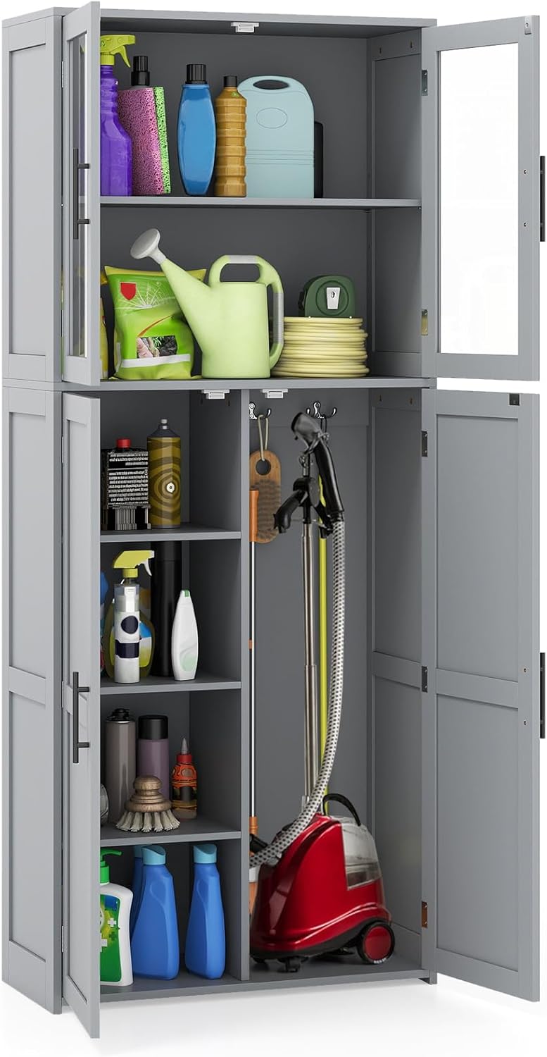 Tall Storage Cabinet Grey Adjustable Shelves Hook Unit
