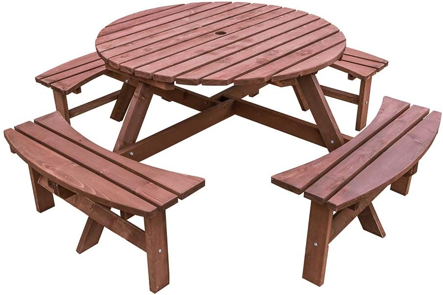 8 Seater Round Wooden Picnic Table Bench Set with Parasol Hole
