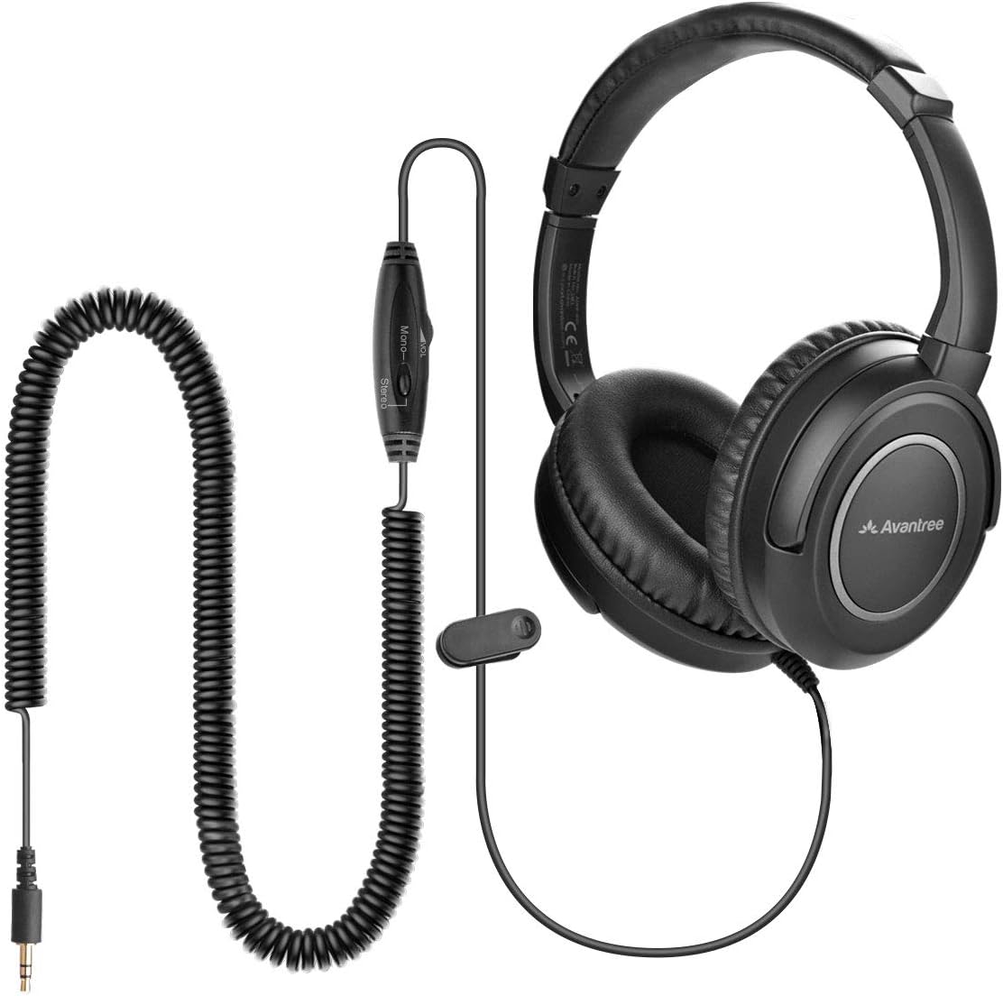 Wired TV Headphones Long Coiled Cable 16.4FT Over Ear Volume Control