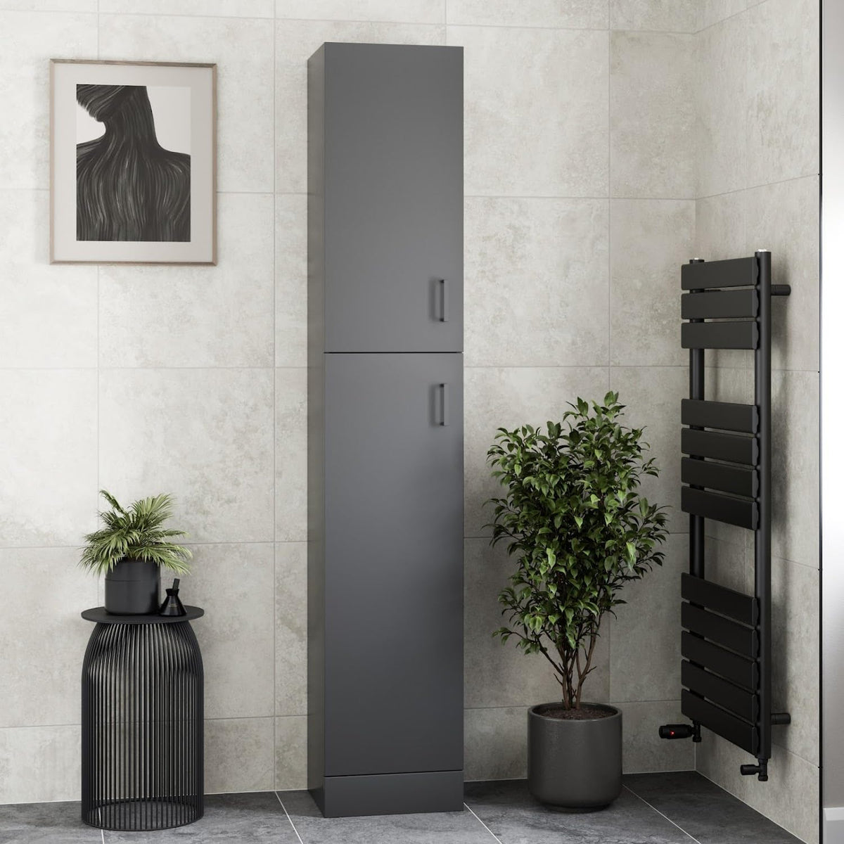 Tall Bathroom Cabinet Matt Black Soft Close Door Unit