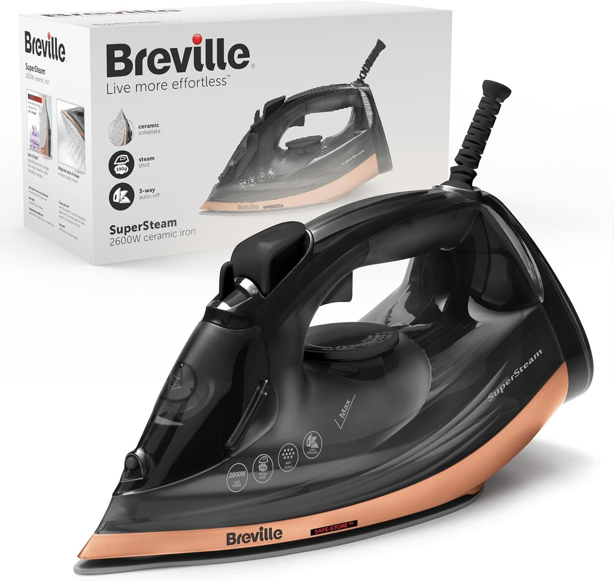 2600W Steam Iron 190g Steam Shot Ceramic Soleplate Auto Shut Off